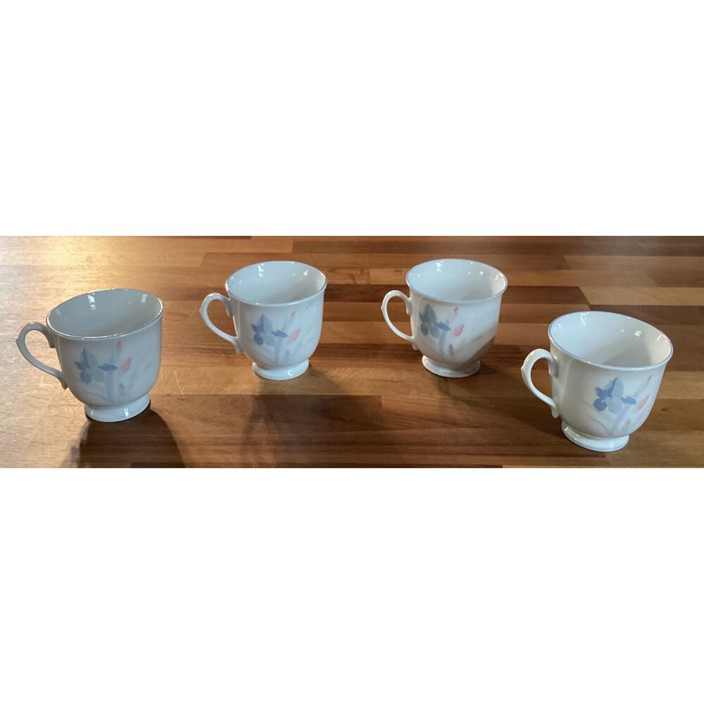 Set of 4 Excel Fresh Flowers Iris Coffee Cups Footed Blues & Pinks Floral Pastel